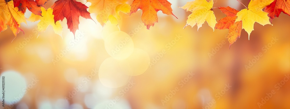 Autumn blurred background with frame of orange, gold and red maple leaves on nature on background of