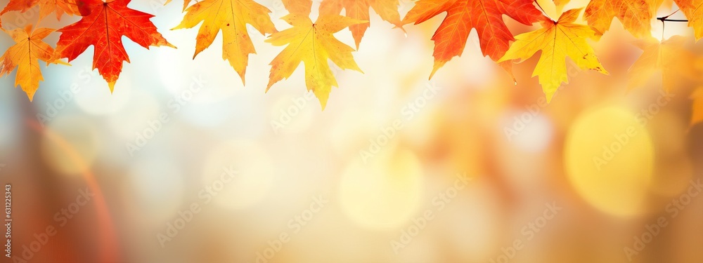 Autumn blurred background with frame of orange, gold and red maple leaves on nature on background of