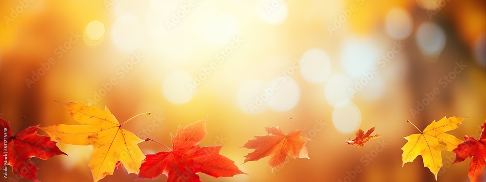 Autumn blurred background with frame of orange, gold and red maple leaves on nature on background of