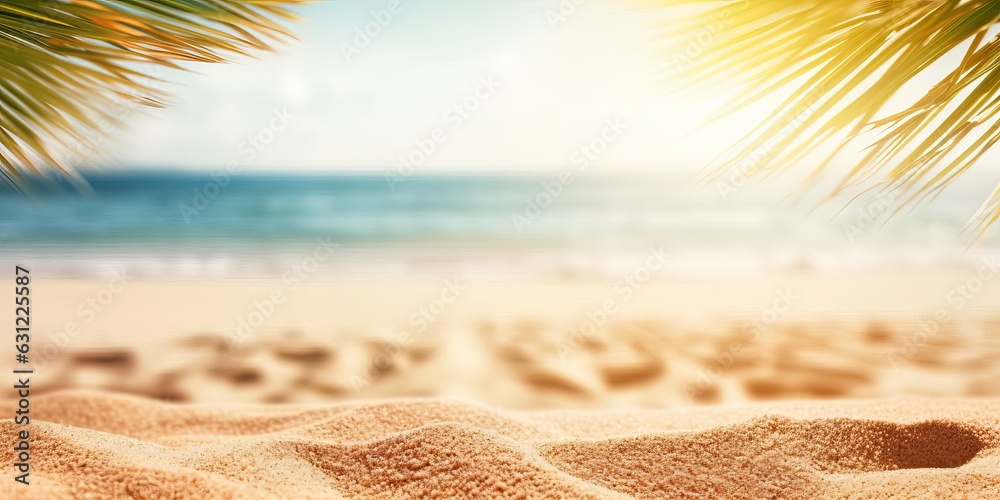 Beautiful background for summer vacation and travel. Golden sand of tropical beach, blurry palm leav