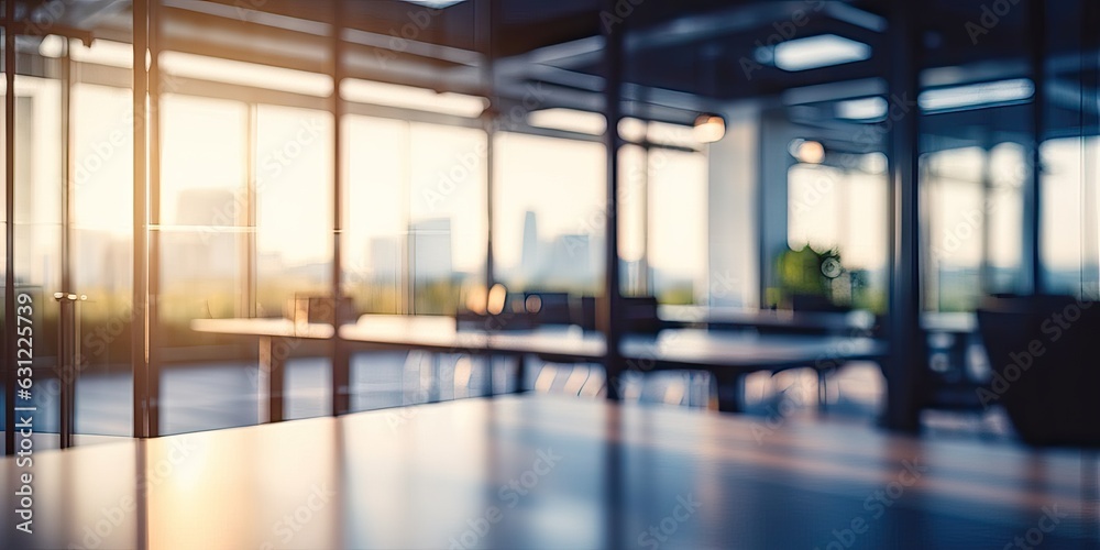 Beautiful blurred background of a light modern office interior with panoramic windows and beautiful 