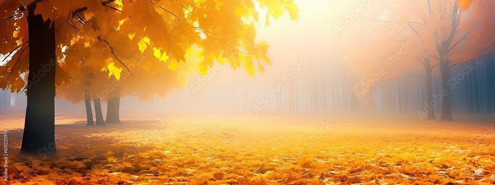 Beautiful bright colorful autumn landscape with a carpet of yellow leaves and a light slight haze mi