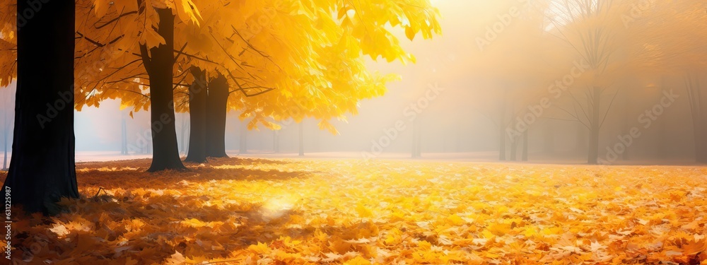 Beautiful bright colorful autumn landscape with a carpet of yellow leaves and a light slight haze mi