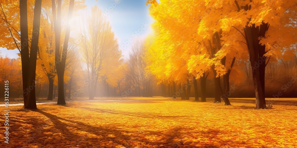 Beautiful bright colorful autumn landscape with a carpet of yellow leaves. Natural park with autumn 