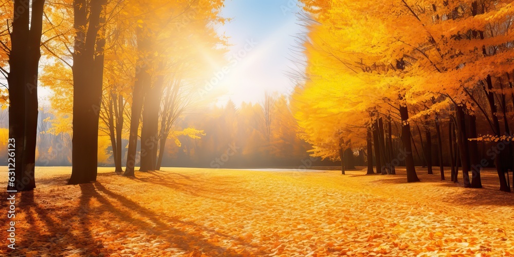 Beautiful bright colorful autumn landscape with a carpet of yellow leaves. Natural park with autumn 