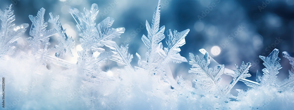 Beautiful crystals of hoarfrost close-up macro on a natural atmospheric blue background. Winter snow