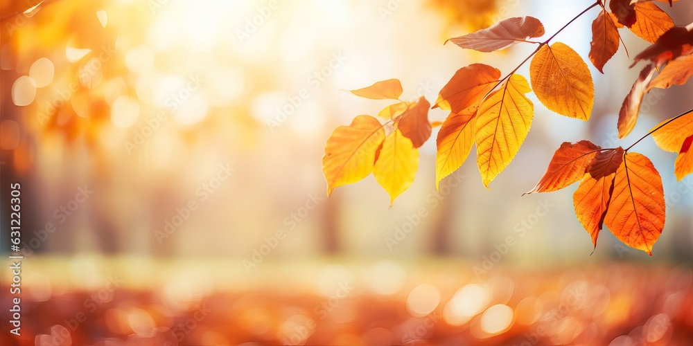 Beautiful orange and golden autumn leaves against a blurry park in sunlight with beautiful bokeh. Na