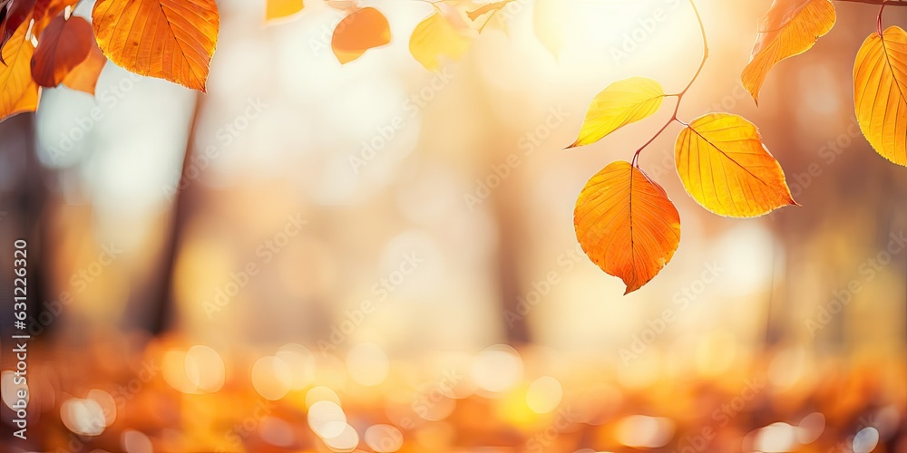 Beautiful orange and golden autumn leaves against a blurry park in sunlight with beautiful bokeh. Na