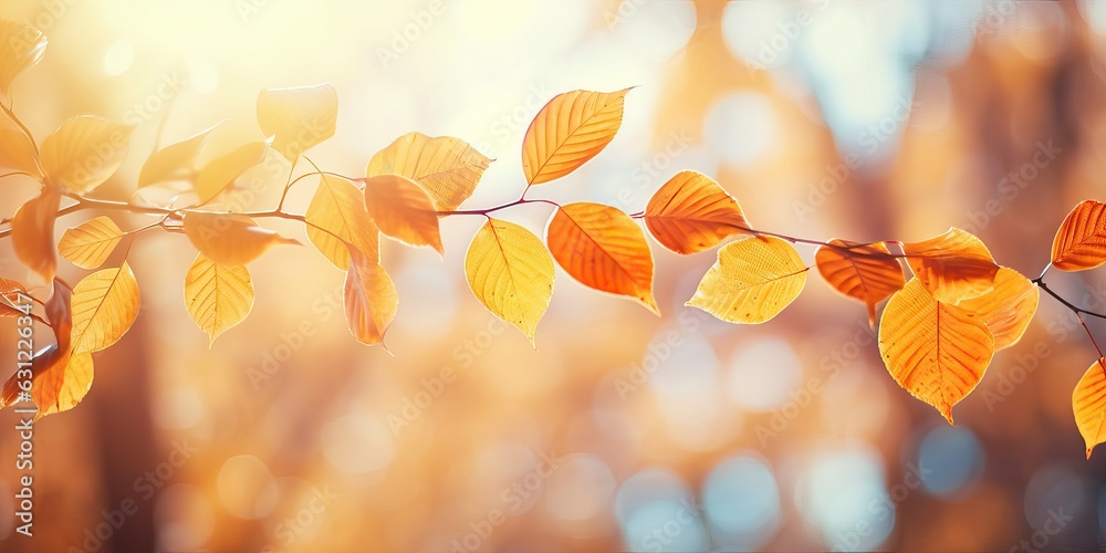 Beautiful orange and golden autumn leaves against a blurry park in sunlight with beautiful bokeh. Na