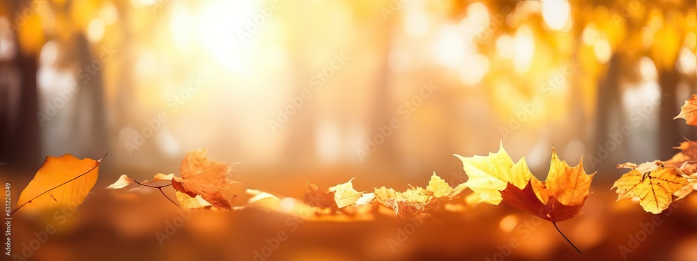 Beautiful orange and golden autumn leaves against a blurry park in sunlight with beautiful bokeh. Na