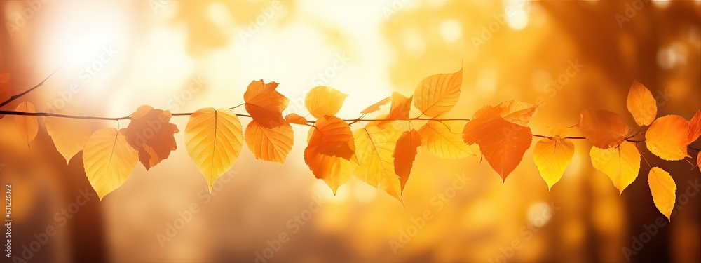 Beautiful orange and golden autumn leaves against a blurry park in sunlight with beautiful bokeh. Na