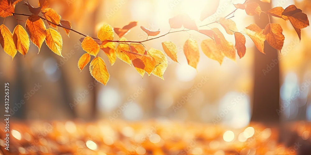 Beautiful orange and golden autumn leaves against a blurry park in sunlight with beautiful bokeh. Na