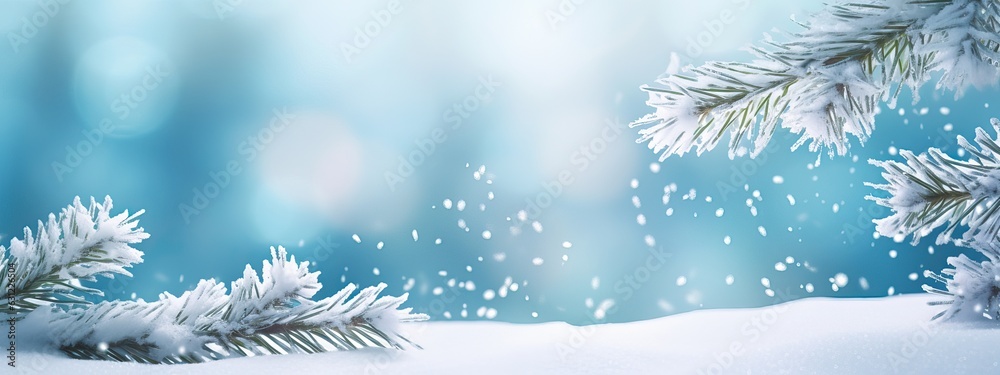 Beautiful winter background image of frosted spruce branches and small drifts of pure snow with boke