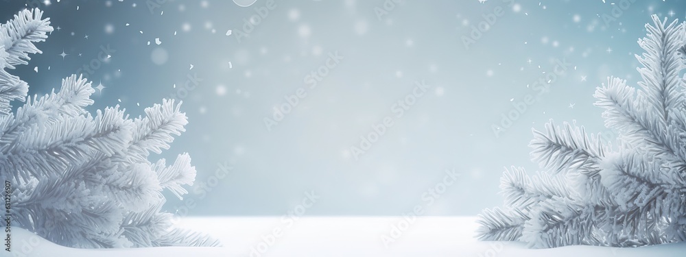 Beautiful winter background image of frosted spruce branches and small drifts of pure snow with boke