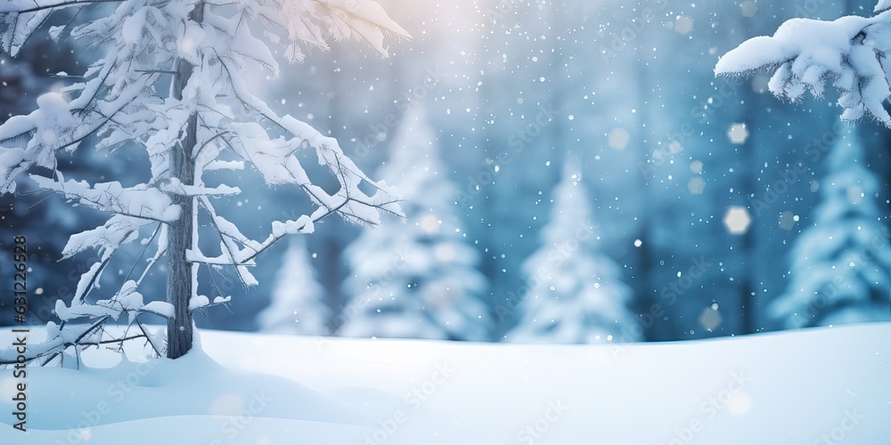 Beautiful winter background with snow-covered branches and snowdrifts against a blurry Christmas for