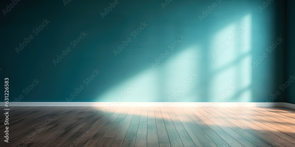 Blue turquoise empty wall and wooden floor with interesting with glare from the window. Interior bac