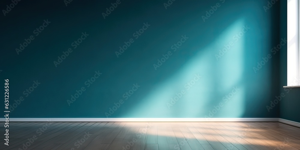 Blue turquoise empty wall and wooden floor with interesting with glare from the window. Interior bac