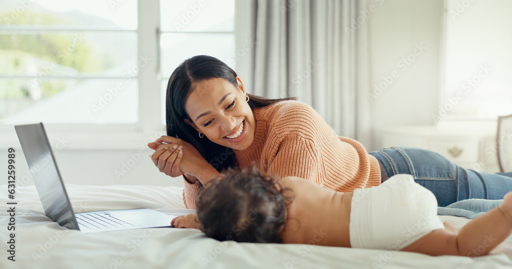 Remote work, love and mother with baby in a bed for bonding, relax and playing in their home. Work f