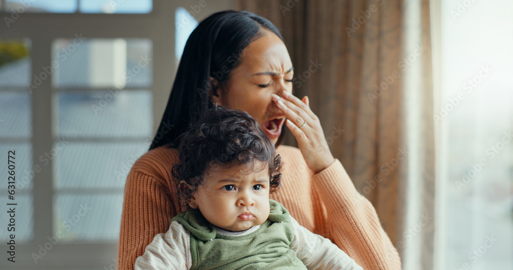 Family, yawn and tired mother with baby for bonding, quality time and relaxing together at home. New