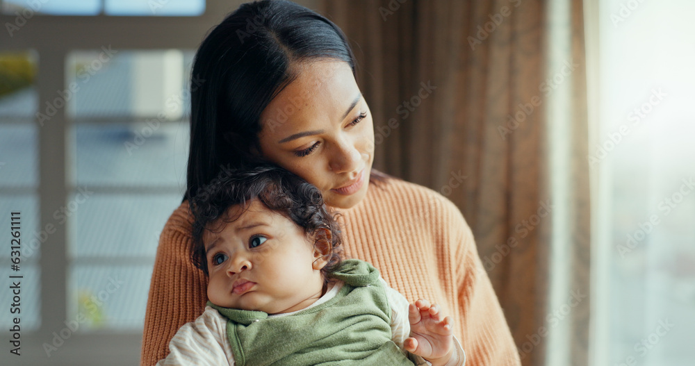 Love, mom holding baby in home and bonding with care and hug, holding hands and rocking to calm chil