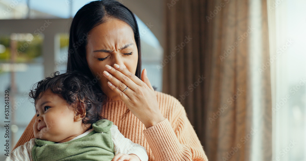 Family, yawn and tired mother with baby for bonding, quality time and relaxing together at home. New