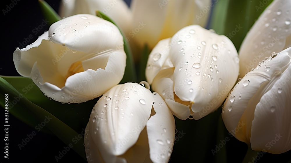 White Tulips flowers with water drops background. Closeup of blossom with glistening droplets. Gener