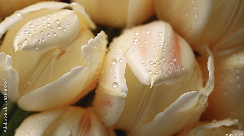 Creamy Tulips flowers with water drops background. Closeup of blossom with glistening droplets. Gene