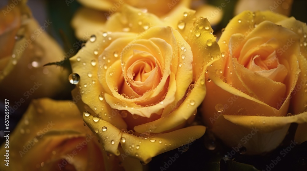 Yellow Roses flowers with water drops background. Closeup of blossom with glistening droplets. Gener