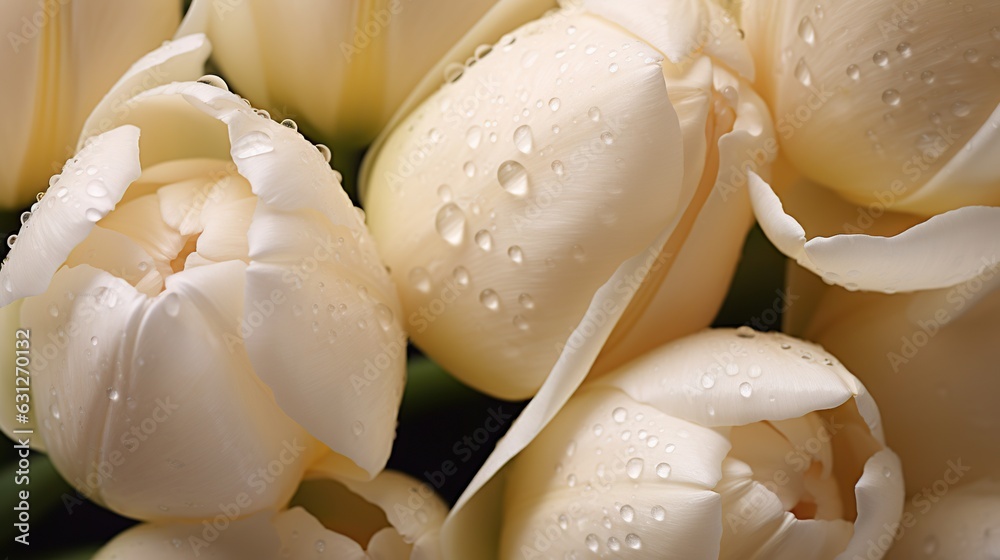 Creamy Tulips flowers with water drops background. Closeup of blossom with glistening droplets. Gene