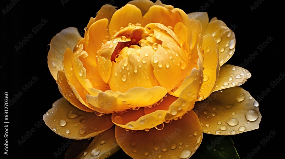 Yellow Peony flowers with water drops background. Closeup of blossom with glistening droplets. Gener