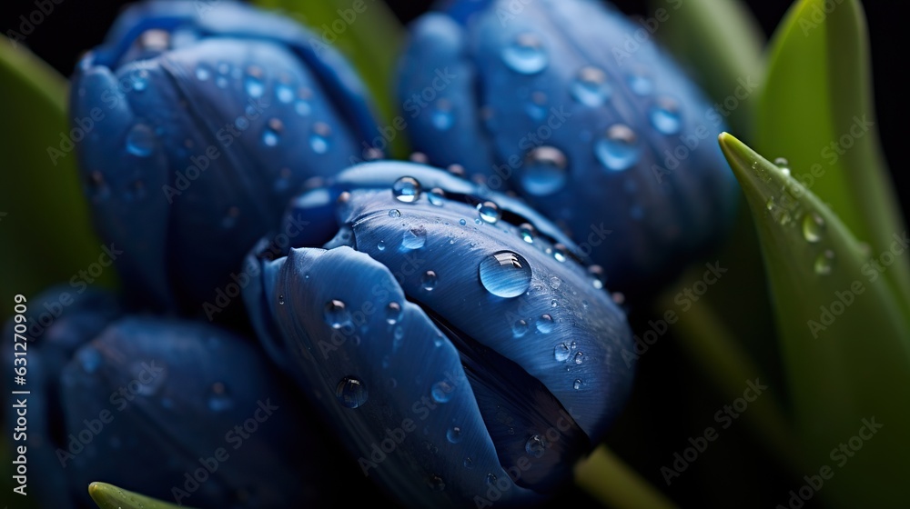 Blue Tulips flowers with water drops background. Closeup of blossom with glistening droplets. Genera