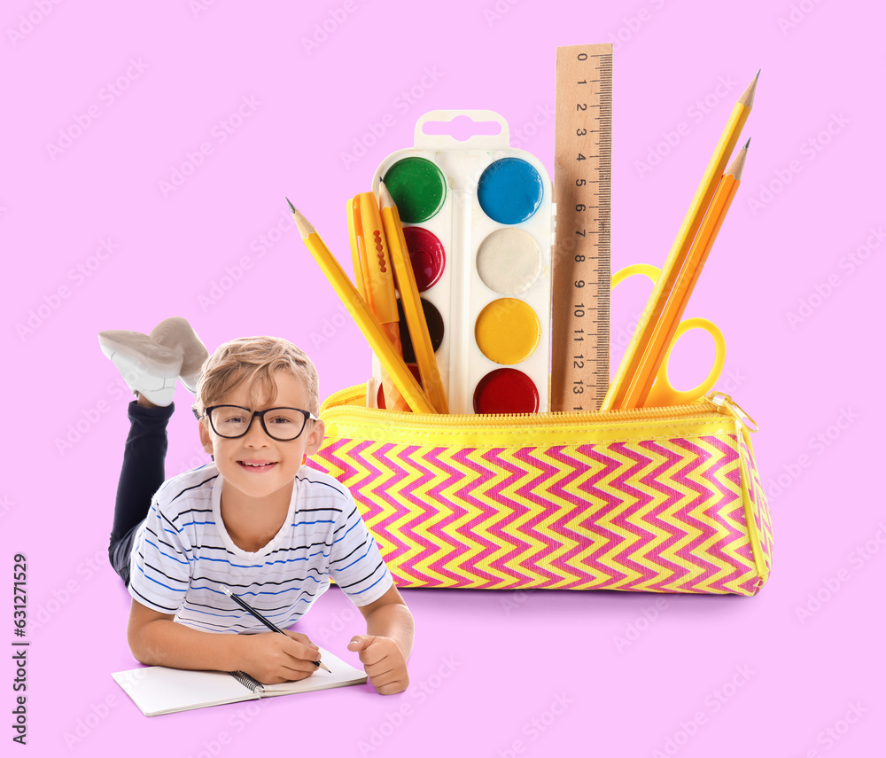 Pencil case with stationery and paints on white background