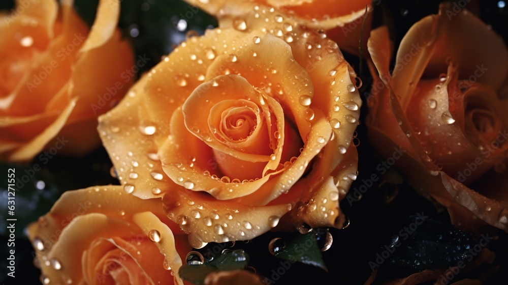 Orange Roses flowers with water drops background. Closeup of blossom with glistening droplets. Gener