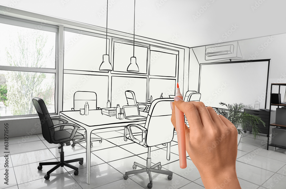 Designer drawing new interior of modern office