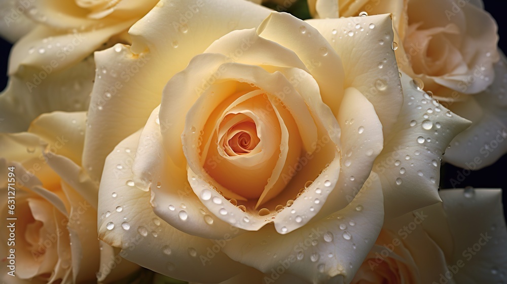 Creamy Roses flowers with water drops background. Closeup of blossom with glistening droplets. Gener