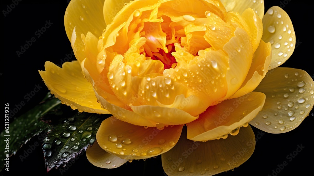 Yellow Peony flowers with water drops background. Closeup of blossom with glistening droplets. Gener