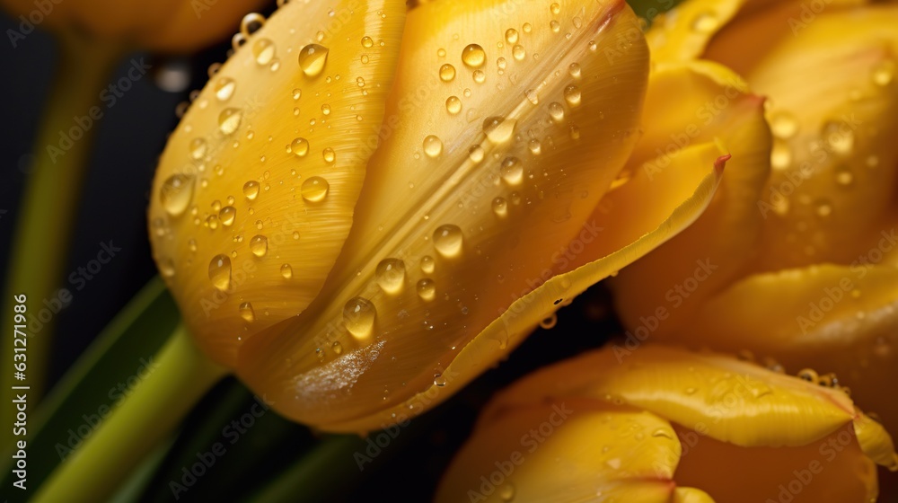 Yellow Tulips flowers with water drops background. Closeup of blossom with glistening droplets. Gene