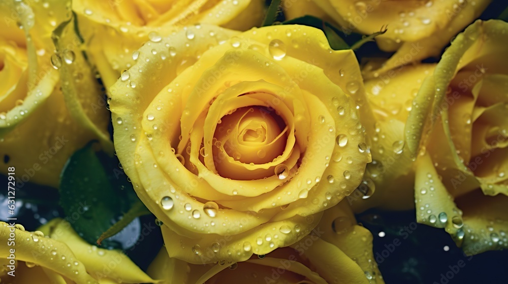 Yellow Roses flowers with water drops background. Closeup of blossom with glistening droplets. Gener