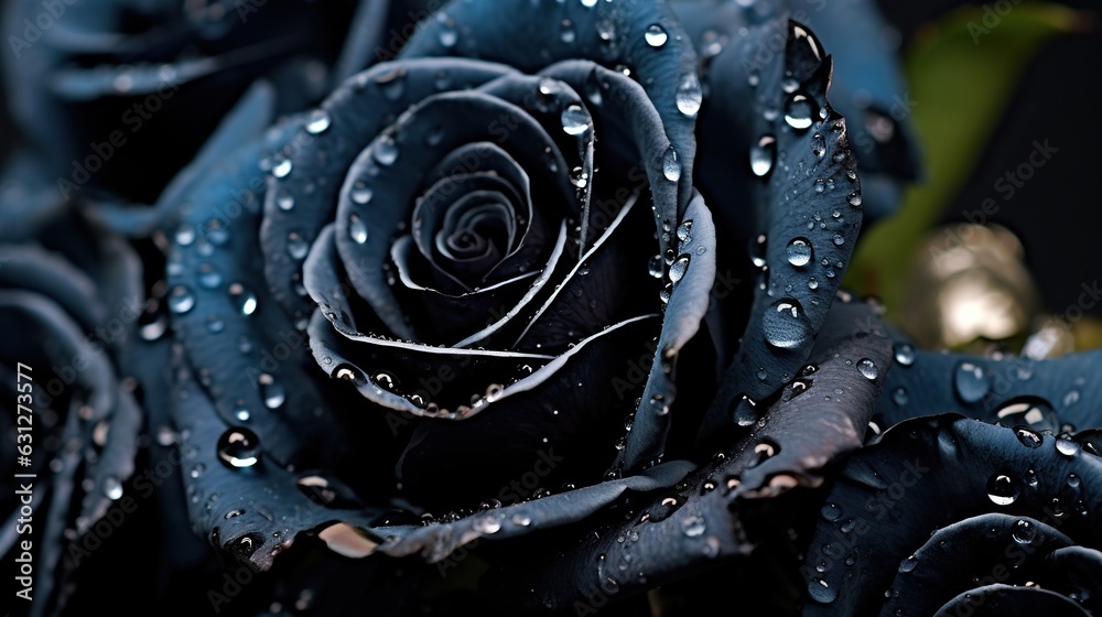 Black Roses flowers with water drops background. Closeup of blossom with glistening droplets. Genera