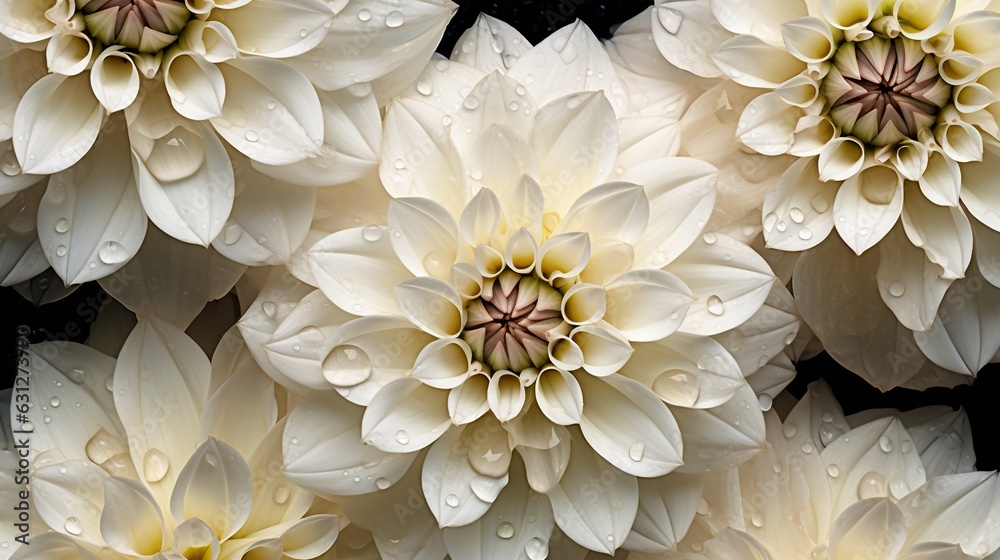 White Dahlia flowers with water drops background. Closeup of delicate blossom with glistening drople