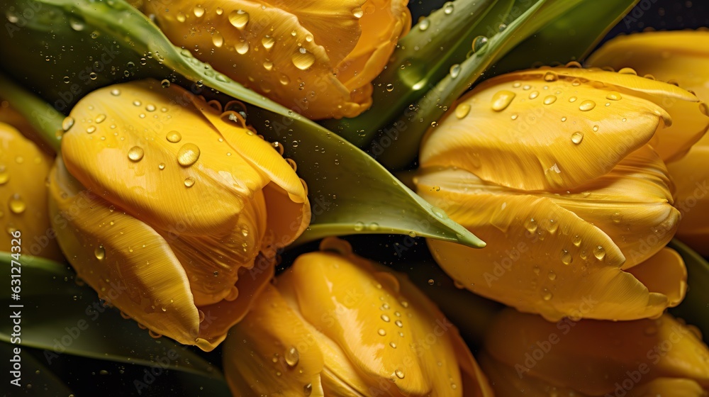 Yellow Tulips flowers with water drops background. Closeup of blossom with glistening droplets. Gene