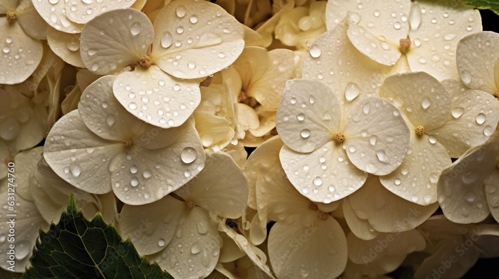 Creamy Hydrangeas flowers with water drops background. Closeup of blossom with glistening droplets. 