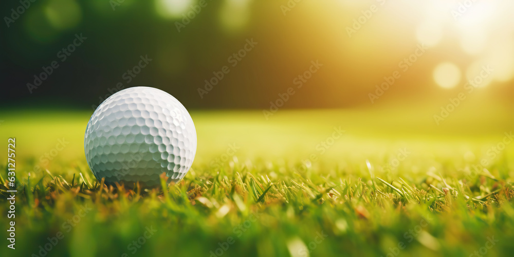 Close-up of golf ball on green grass of golf course, sunny day, blurred backdrop. Generative AI