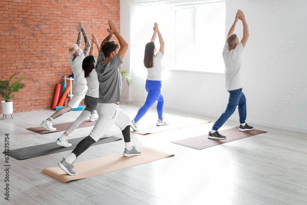 Group of sporty people doing yoga in gym