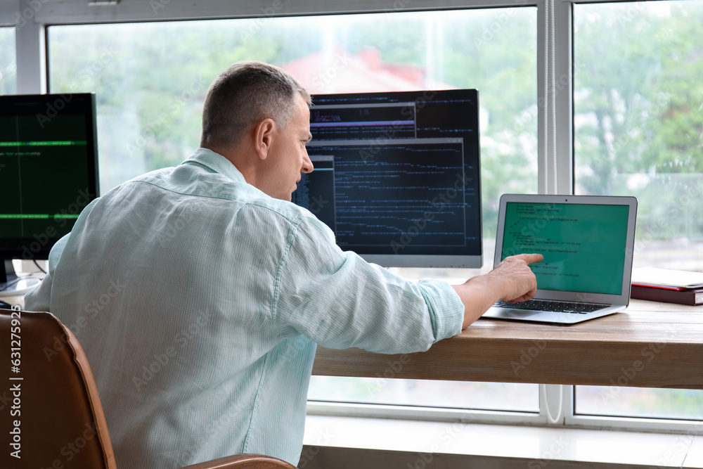 Mature male programmer pointing at laptop with programming code in light office