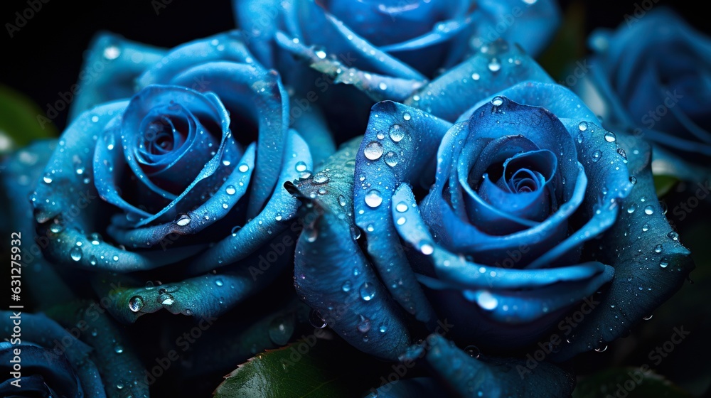 Blue Roses flowers with water drops background. Closeup of blossom with glistening droplets. Generat