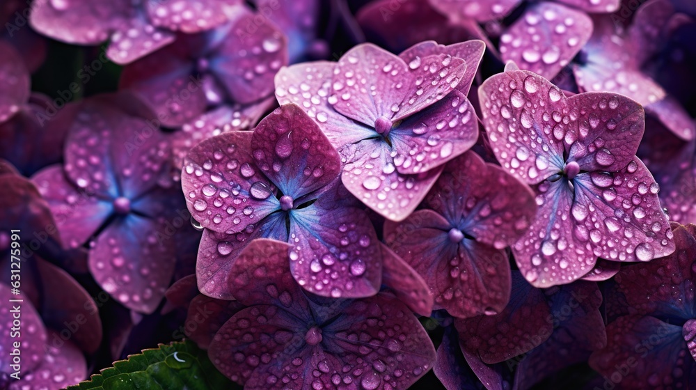 Purple Hydrangeas flowers with water drops background. Closeup of blossom with glistening droplets. 