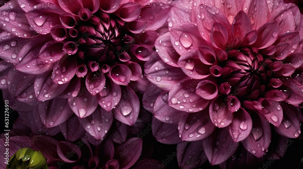 Purple Dahlia flowers with water drops background. Closeup of delicate blossom with glistening dropl