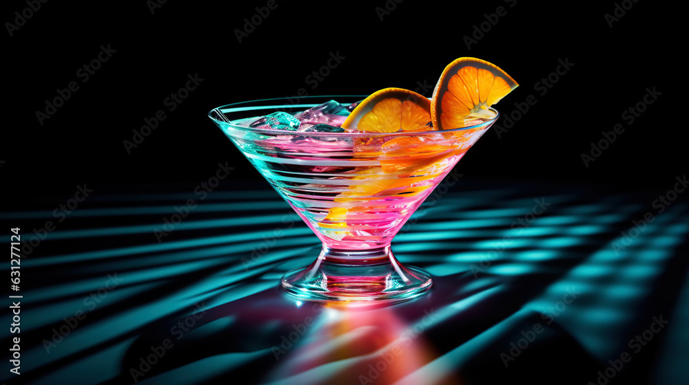 Glass of cocktail in hypnotic neon light. Colorful rave party drink. Generative AI