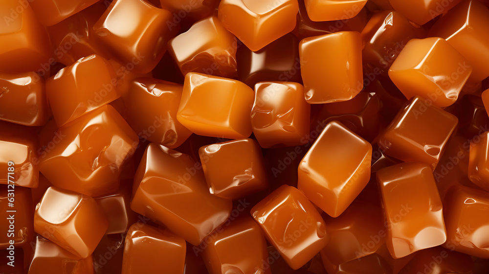 Toffee candy, caramel candies background. Sweet backdrop. Generative AI